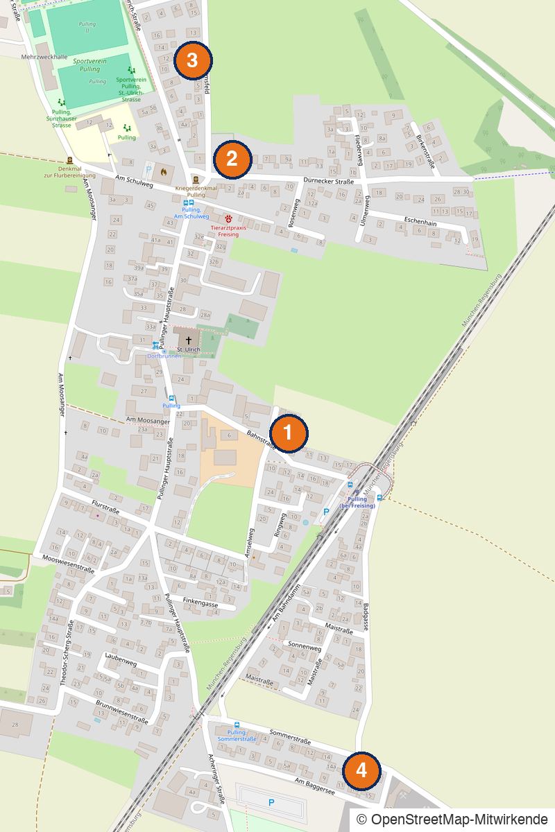 Ortsplan von Pulling mit vier nummerierten Markierungen: 1 Bahnstraße 7, 2 Dürnecker Straße 3b, 3 Pimsfeld 9, 4 Sommerstraße 18