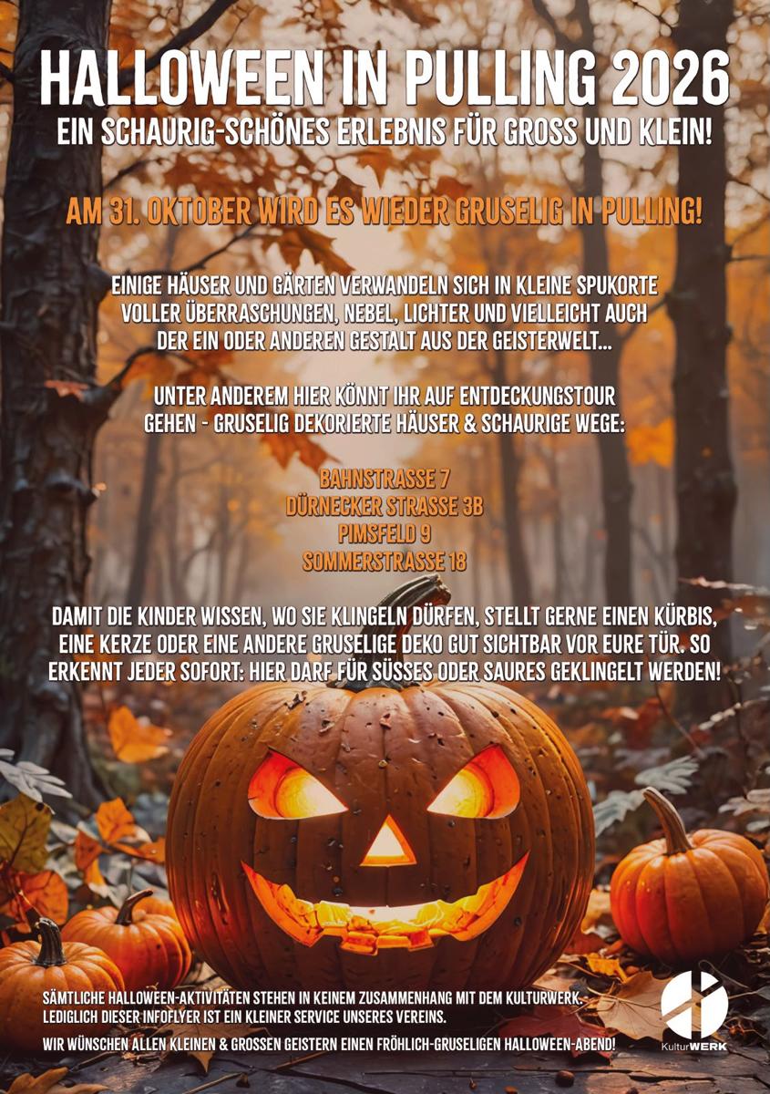 Infoflyer Halloween in Pulling 2026: Am 31. Oktober gruselig dekorierte Häuser in der Bahnstraße 7, Dürnecker Straße 3b, Pimsfeld 9 und Sommerstraße 18
