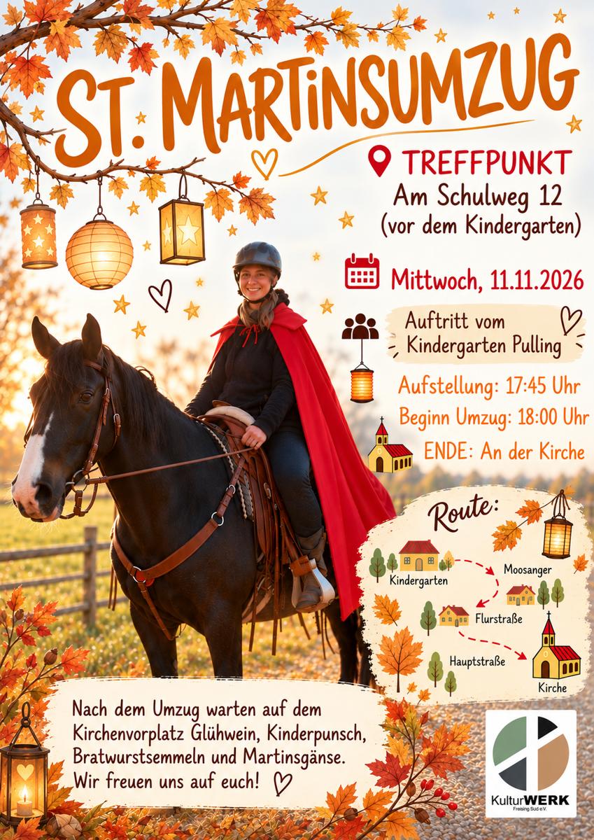 Flyer St. Martinsumzug 2026: Treffpunkt Am Schulweg 12 vor dem Kindergarten, Mittwoch 11.11.2026, Aufstellung 17:45 Uhr, Beginn 18:00 Uhr, Ende an der Kirche. Route über Moosanger, Flurstraße und Hauptstraße